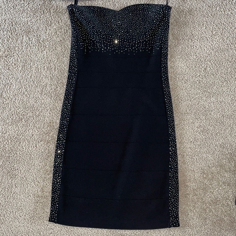 bebe Black Body Con Dress with Rhinestones